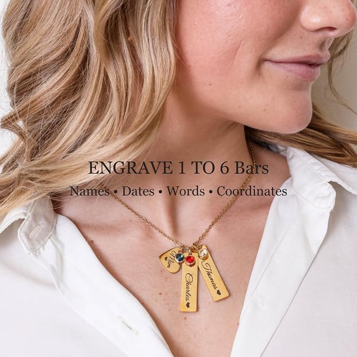 Custom Engraved 3D Vertical Pillar Bar Necklace – Personalized Name Pendant – 1 to 4 Sides – Non-Tarnish Stainless Steel – Gold/Silver – Adjustable Chain – Gift for Her, Mom/Dad With Kids Names