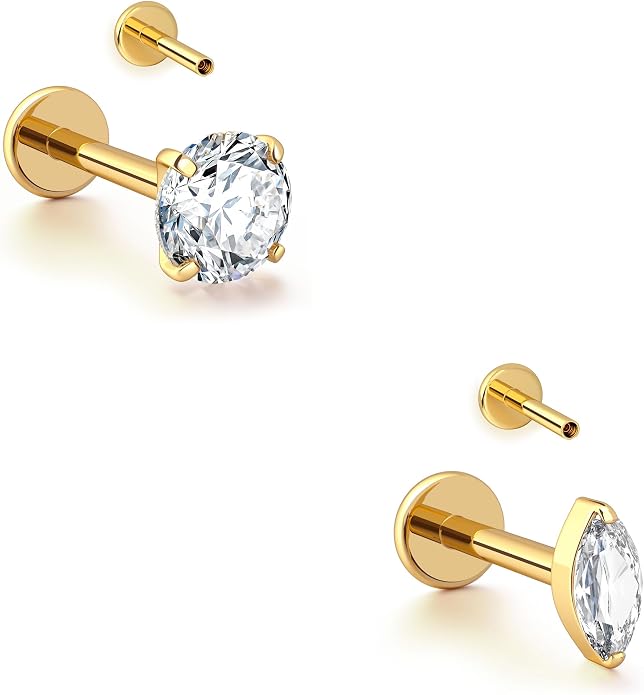 BodyBonita 16G Gold Stud Earrings Flat Back - G23 Titanium Internal Thread Clear CZ Cartilage Earrings for Women