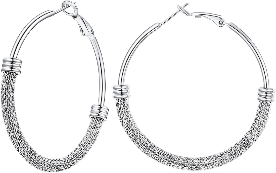 FOCALOOK 14K Gold Plated Hoop Earrings, Lightweight Hypoallergenic Large Stainless Steel Black Hoops Earrings for Women 20/30/40/50/60/70/80mm