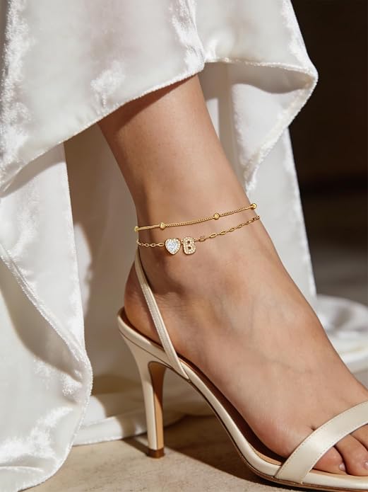 FindChic Silver/14K Gold Plated Layered CZ Initial Ankle Bracelet for Women | Waterproof Stainless Steel, Cubic Zirconia Letter Charm, Non-Tarnish, Hypoallergenic, Adjustable Extender, Summer Jewelry