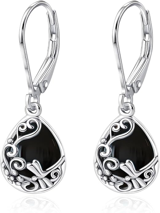 Real 925 Sterling Silver Trendy Dangle Earrings for Women | White Gold Plated | Hypoallergenic Turquoise/Black Onyx/Opal Filigree Jewelry Lightweight Celtic Lover Knot Leverback Earrings Gifts