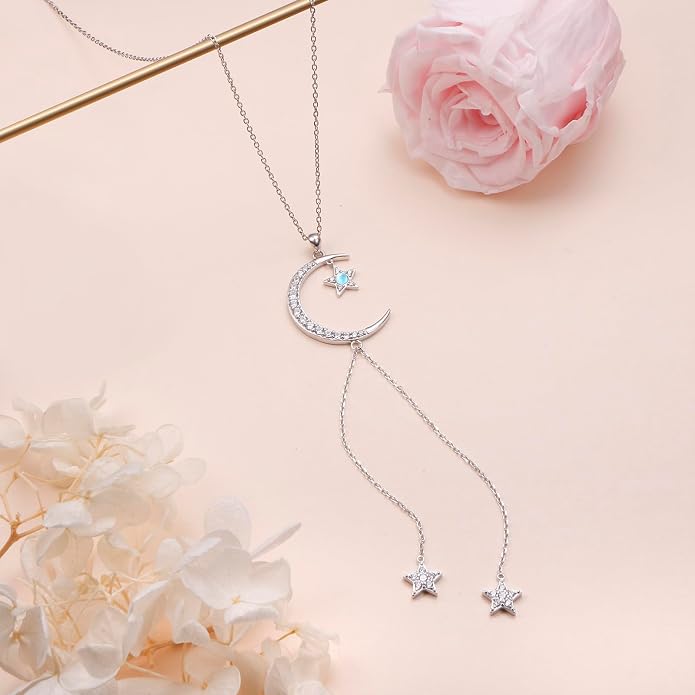 Ladytree 925 Sterling Silver Crescent Moon and Star Necklace with Created Moonstone Long Y Necklace Elegant Jewelry Gift for Women