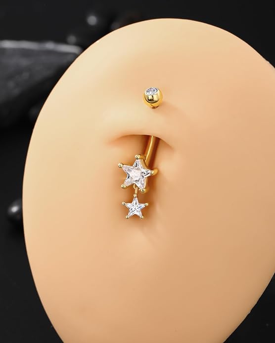 14K Gold Plated Belly Button Rings - Dangle Star 925 Sterling Silver Navel Rings for Women - 14G Belly Piercing Jewelry