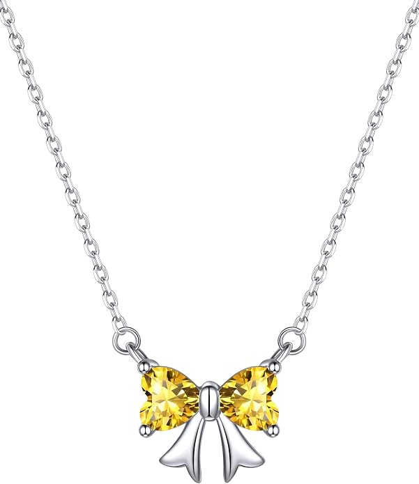 ChicSilver Bow and Cat Birthstone Necklace, 925 Sterling Silver Pendant Necklaces for Women, Hypoallergenic Silver Choker with 16 inch Rolo Chain, 12 Months Jewelry for Valentines Mothers Day Christmas