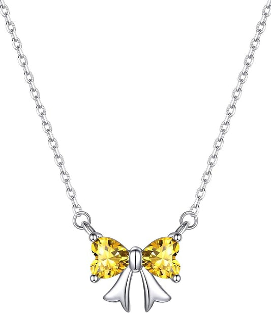 ChicSilver Bow and Cat Birthstone Necklace, 925 Sterling Silver Pendant Necklaces for Women, Hypoallergenic Silver Choker with 16 inch Rolo Chain, 12 Months Jewelry for Valentines Mothers Day Christmas