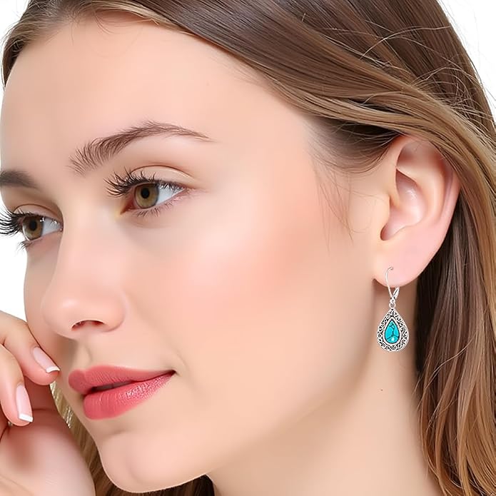Teardrop Dangle Earrings for Women Turquoise Jewelry for Women 925 Sterling Silver Leverback Filigree Drop Dangle Earrings Filigree Jewelry