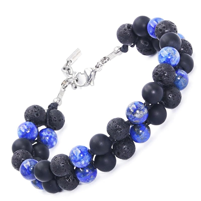 Mens Beaded Bracelets Handmade Gifts for Men, Genuine Triple Protection Men Stone Bracelet Lapis Lazuli Lava Onyx Beads Bracelet, Handcrafted 2Row Mens Masculine Beads Bracelest Father Gifts
