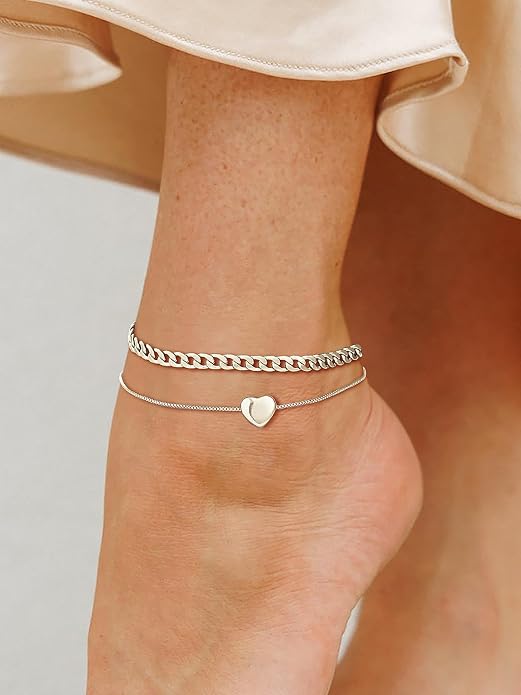 U7 2Pcs/3Pcs Ankle Bracelets for Women, Stainless Steel Cuban Link/Figaro/Rope/Heart Chain Anklets Sets,Waterproof Layered Anklets Adjustable 8.5"-10.5"