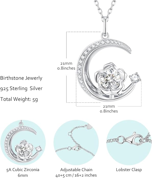 Birthstone Necklace for Women Sterling Silver Moon Pendant Necklaces Anniversary Birthday Fine Jewelry Gifts for Her Women Mother, Adjustable Chain