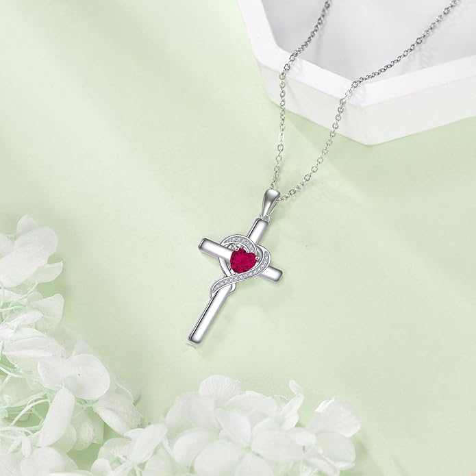 Cross Necklace for Women 925 Sterling Silver Infinity Love Heart Birthstone Pendant Necklace Cross Birthday Jewelry Gifts for Her