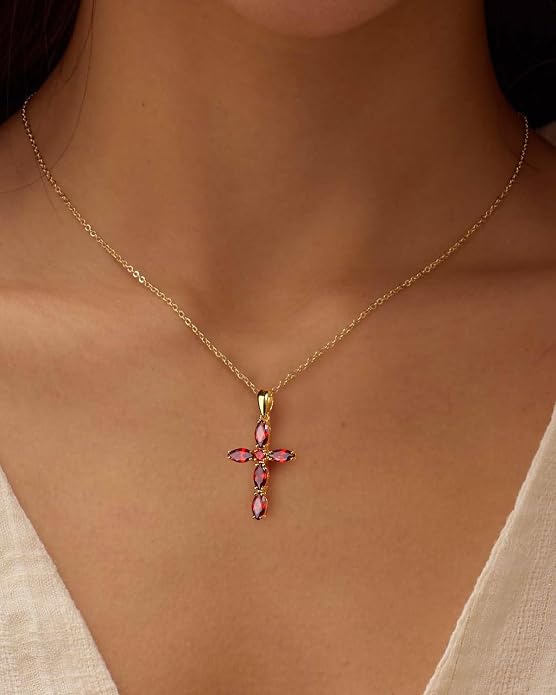 14K Gold Plated 925 Sterling Silver Birthstone Cross Necklace for Women Men