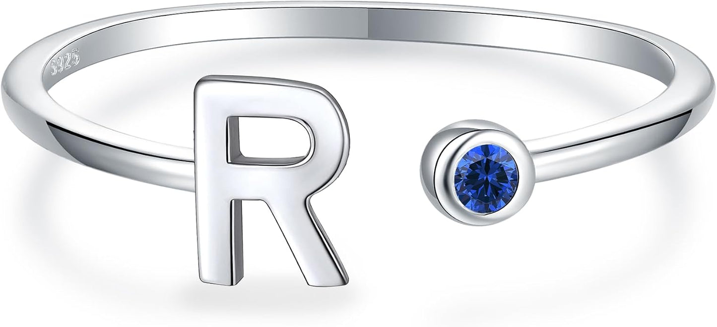 925 Sterling Silver Initial Letter Birthstone Rings for Women Adjustable 1-12 Month Birthstone Alphabet Stacking Ring for Teens Girls Stackable Birthstone Rings Birthday Jewelry Gift for Daughter Mom