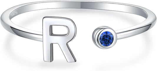 925 Sterling Silver Initial Letter Birthstone Rings for Women Adjustable 1-12 Month Birthstone Alphabet Stacking Ring for Teens Girls Stackable Birthstone Rings Birthday Jewelry Gift for Daughter Mom