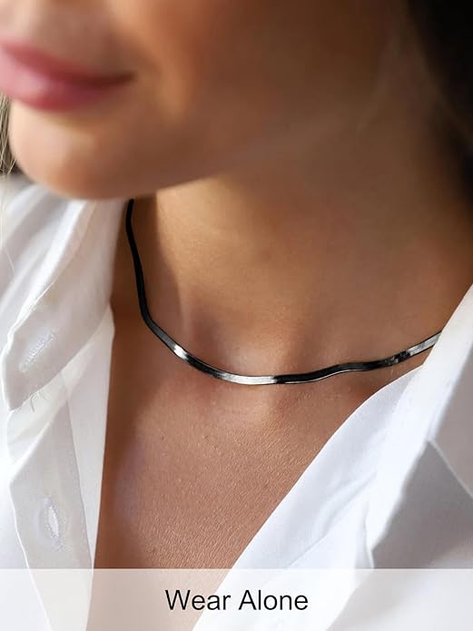 FOCALOOK 14K Gold Plated Necklaces for Women, Fashion Herringbone Choker Necklace Stainless Steel Flat Snake Chain 3/5MM(W) 12.5"/15"/18"+3.5"(L)