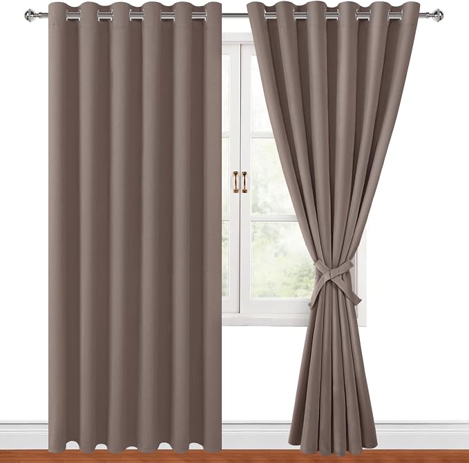 Hiasan Grommet Blackout Curtains for Bedroom, 70 x 84 Inches - Thermal Insulated & Light Blocking Window Drapes for Living Room/Dorm Room, Set of 2 Panels Sewn with Tiebacks, Tan