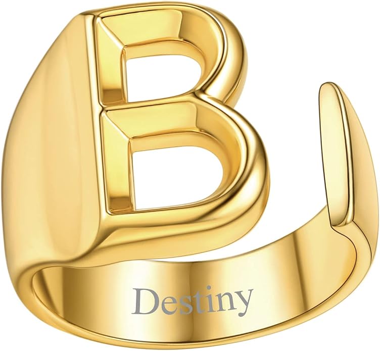 FindChic Customizable Initial Ring Statement 18K Gold Plated Fashion Cuff Rings for Women Alphabet Letter A to Z Resizable Knuckle Ring (with Gift Box)