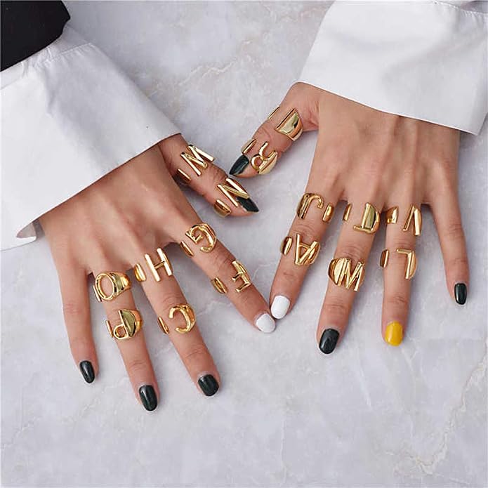 KeyStyle Bold Initial Letter Rings Adjustable, GoldChic Jewelry Women Gold Statement Ring Personalized Engraved Women’s Open Signet Ring for Party (Gold, White Gold, Black)