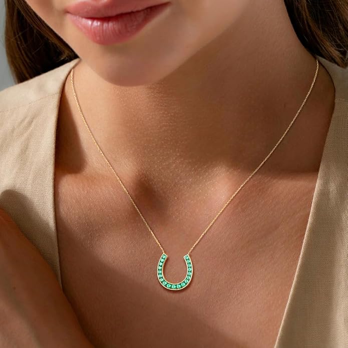 Luck Horseshoe Necklace 14K Gold Plated/Sterling Silver Created Gemstone Pendant with Chain Channel Set U Shaped Charm Necklace Birthstone Jewelry