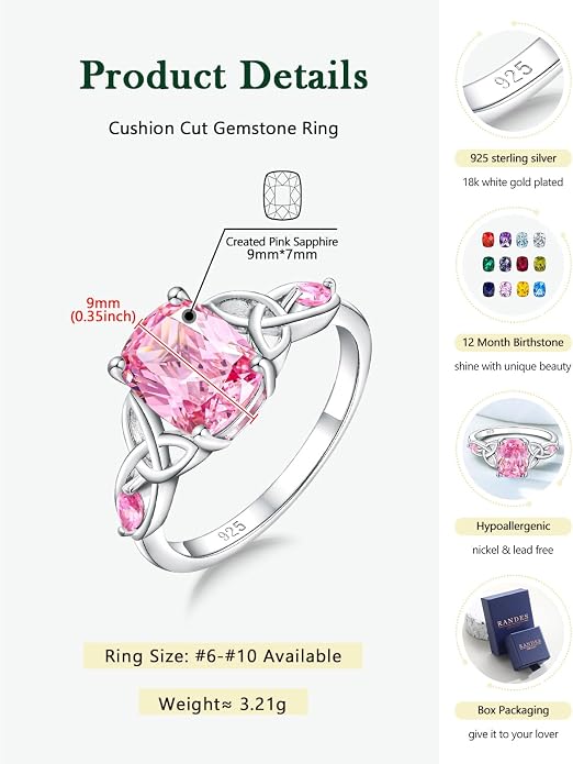 925 Sterling Silver Birthstone Rings for Women Cushion Cut Engagement Celtic Knot Ring Irish Jewelry Created Gemstone Anniversary Rings Size 6-10(with Box)