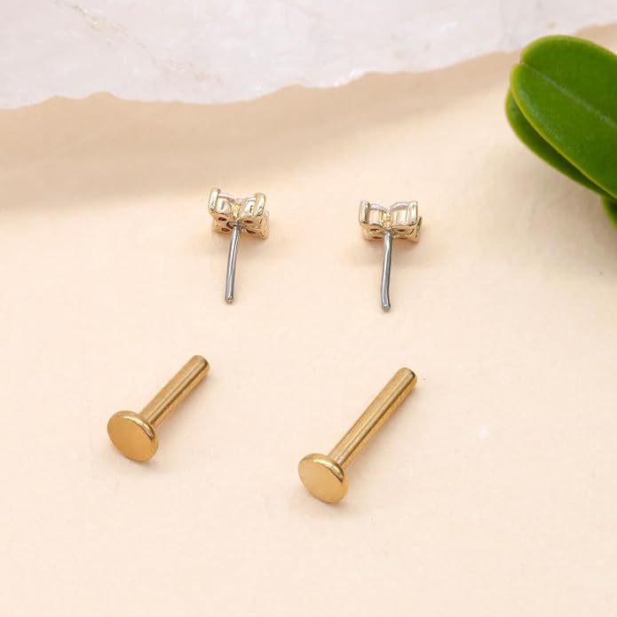 14K Yellow/White/Rose Gold Cartilage Earring Top Push in 1 Pcs Threadless Flower Flat Back Stud Nose Stud Lip Ring 16G Helix Tragus Piercing Jewelry for Women 6mm 8mm