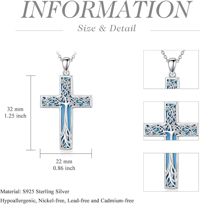HPQQ Cross Necklace 925 Sterling Silver Turquoise Tree of Life Celtic Knot Cross Pendant Jewelry Mother's Day Gifts for Women