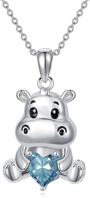 PROESS Animal Birthstone Necklace 925 Sterling Silver Otter/Axolotl/Hippo/Elephant/Dachshund/Monkey/Red Panda Pendant Necklace Animal Birthstone Jewelry Gifts for Women