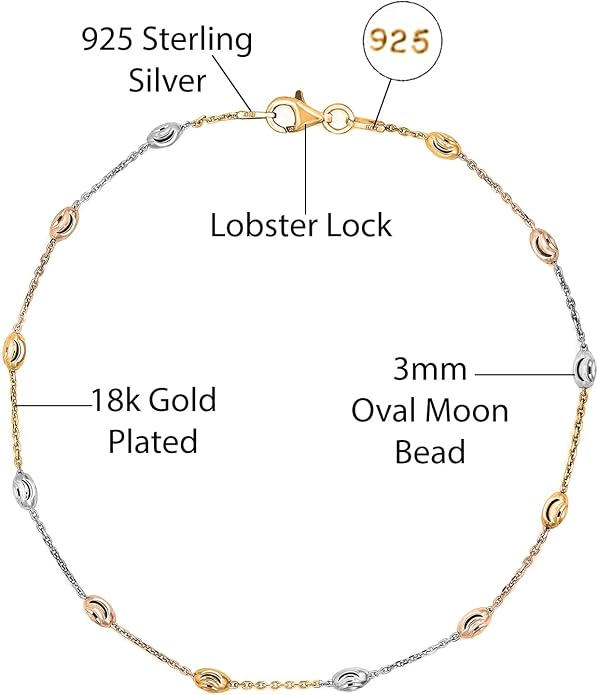 Savlano 18K Gold Plated Over 925 Sterling Silver Station Oval Moon Bead Anklet Chain For Women. Silver, Gold, Rose Gold - Made in Italy Comes With a Gift Box