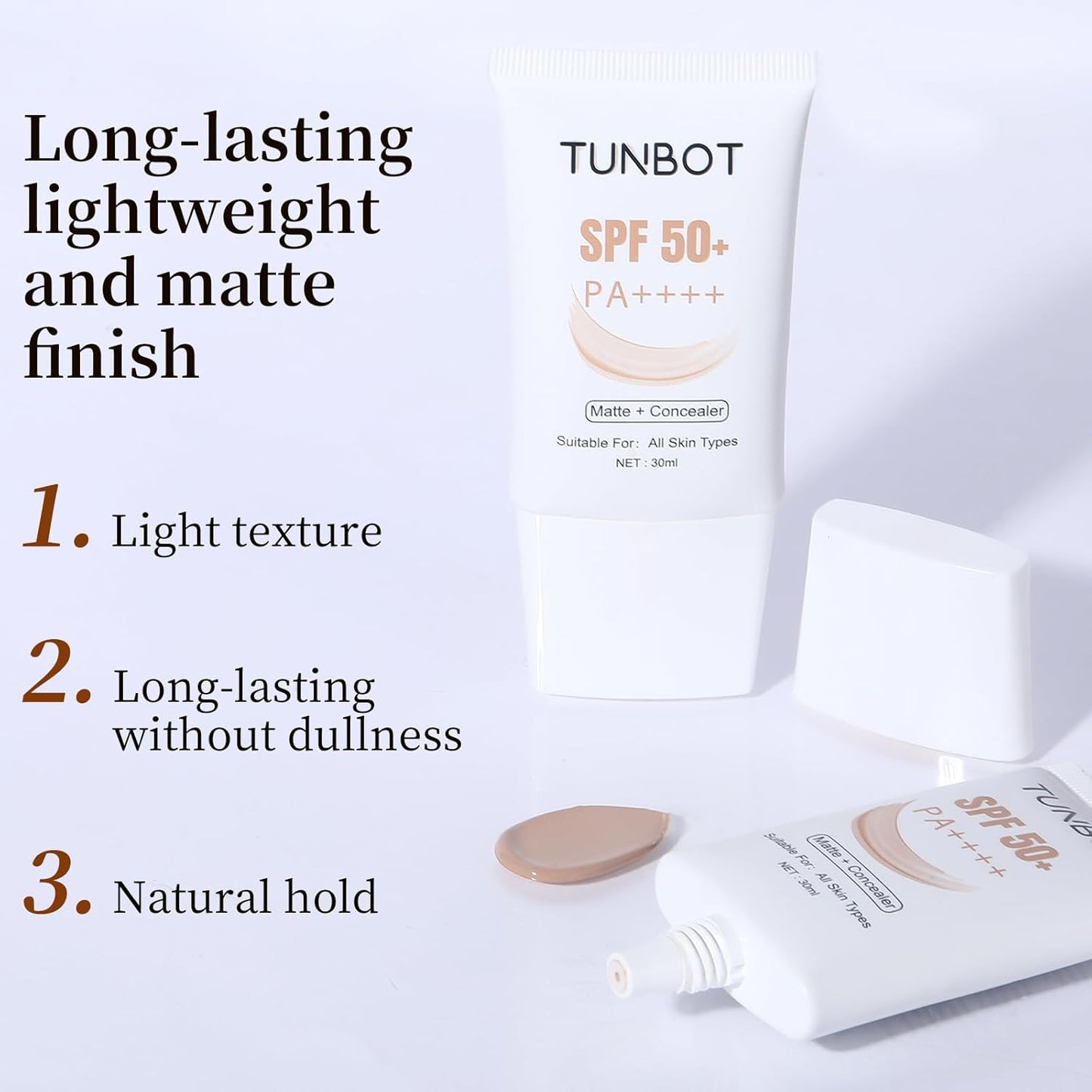 TUNBOT Long Lasting Concealer Foundation, SPF 50, Makeup to Cover Facial Imperfections, Unscented Foundation for All Skin Types (30ml)