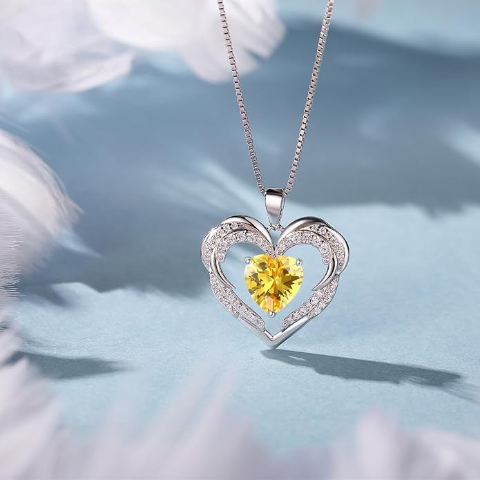 Heart Necklaces for Women Mother's day Gifts, Birthstone 925 Sterling Silver Angel Wings Love Pendant Necklaces for Women, Jewelry Gifts for Wife, Anniversary, Birthday