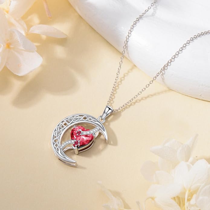 TOUPOP Moon and Star Birthstone Necklace for Women 925 Sterling Silver Celtic Moon Jewelry Birthday Mothers Day Gifts for Mom Wife Her