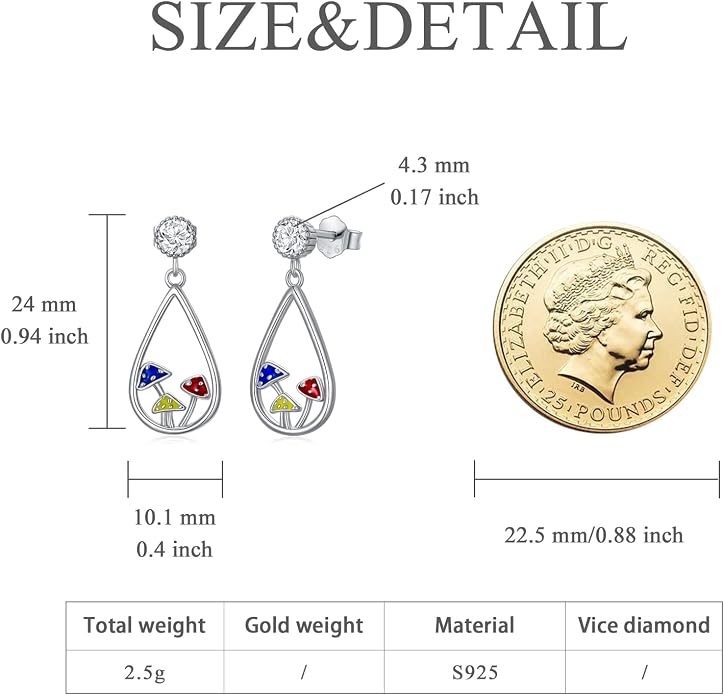 Sterling Silver Cross/Rose/Heart/Moon Star/Mushroom Dangle Drop Stud Earrings Jewelry Gifts for Women Girls