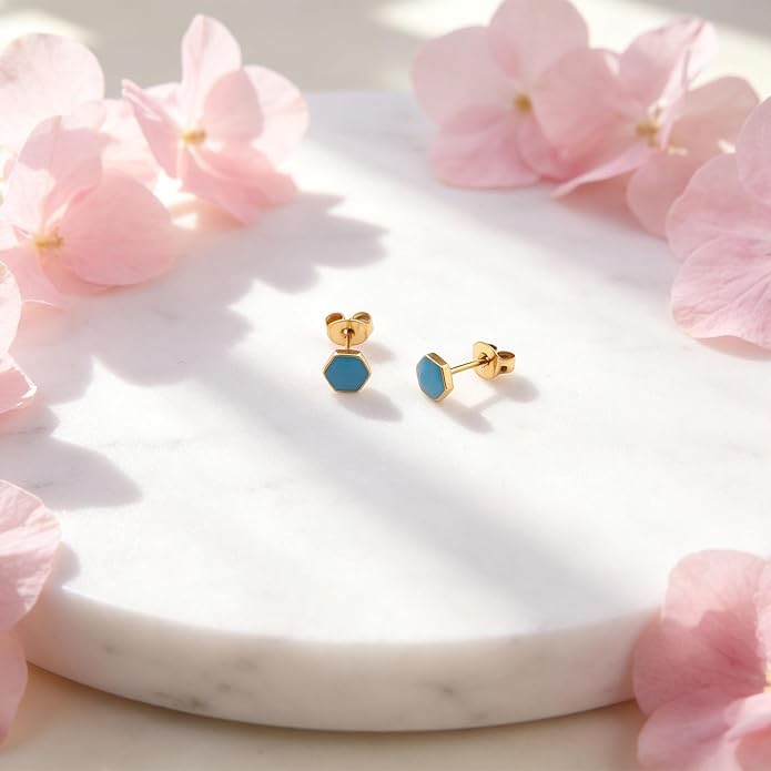 JMLOON 12 Pairs Enamel Flat Back Stud Earrings Surgical Stainless Steel Round Heart Star Square Hexagon Screw Back Stud Earrings