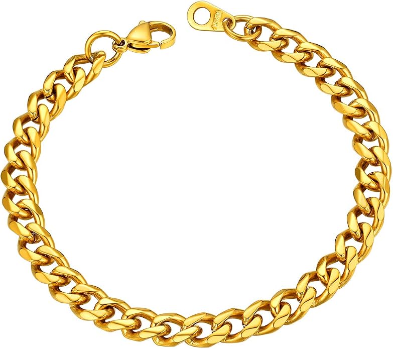 U7 Link Bracelets for Men, Cuban Link/Rope/Watch Band Solid Bracelet, Silver Black Gold Color Wrist Bracelet 3/6/9/12/15mm Width, 6.5/7.5/8.3 Inch Length, Hand Chain Jewelry for Mens Women