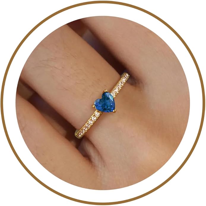 Honsny Heart Birthstone Gold Rings for Women Non Tarnish 14K Gold Plated Stackable CZ Gemstone Emerald Pinky Ring Dainty Engagement Promise Rings for Her Waterproof Jewelry Graduation Gifts Size 6-10