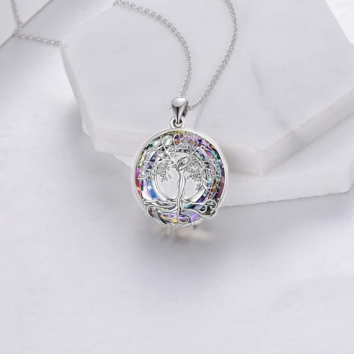 ONEFINITY Tree of Life Necklace for Women Sterling Silver Abalone Shell Crystal Tree of Life Pendant Necklace Family Tree Jewelry for Mom Daughter Sister Girls Christmas Gifts