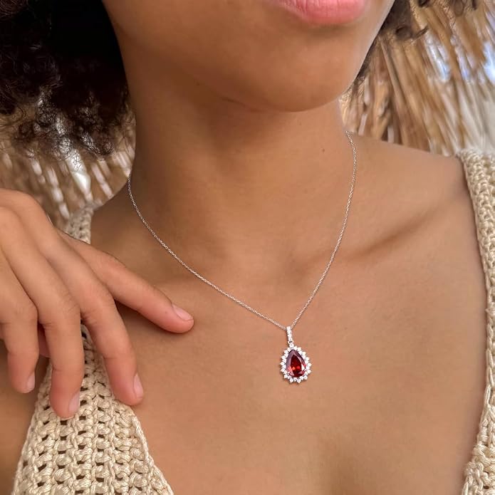 925 Sterling Silver Teardrop Necklace for Women Huge Created Gemstone Solitaire Halo Pendant Pear Cut Birthstone Necklace