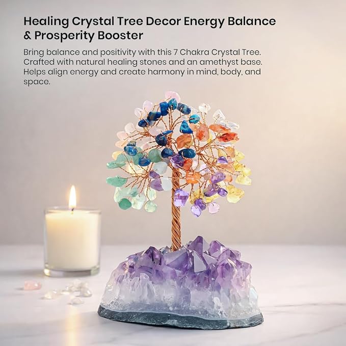 Crocon® 7 Chakra Crystals Tree of Life with Amethyst Cluster Base, Gift for Women Men Birthday Gifts MoM, Money Tree Feng Shui Good Luck Healing Crystals Home Decor Crystals and Healing Stones