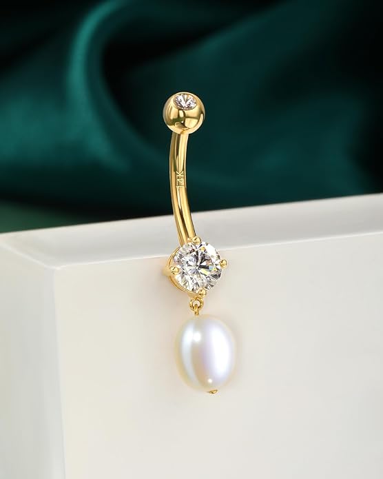 Cocharm Dangling Freshwater Pearl Belly Button Rings - 14K Solid Gold Navel Piercing Jewelry
