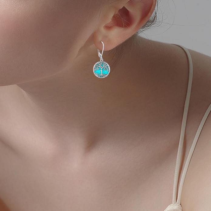 Black Cat/Turtle/Moonstone//Turquoise/Flower/Tree of Life Earrings Sterling Silver Cute Animal Leverback Dangle Earrings Jewelry Gifts