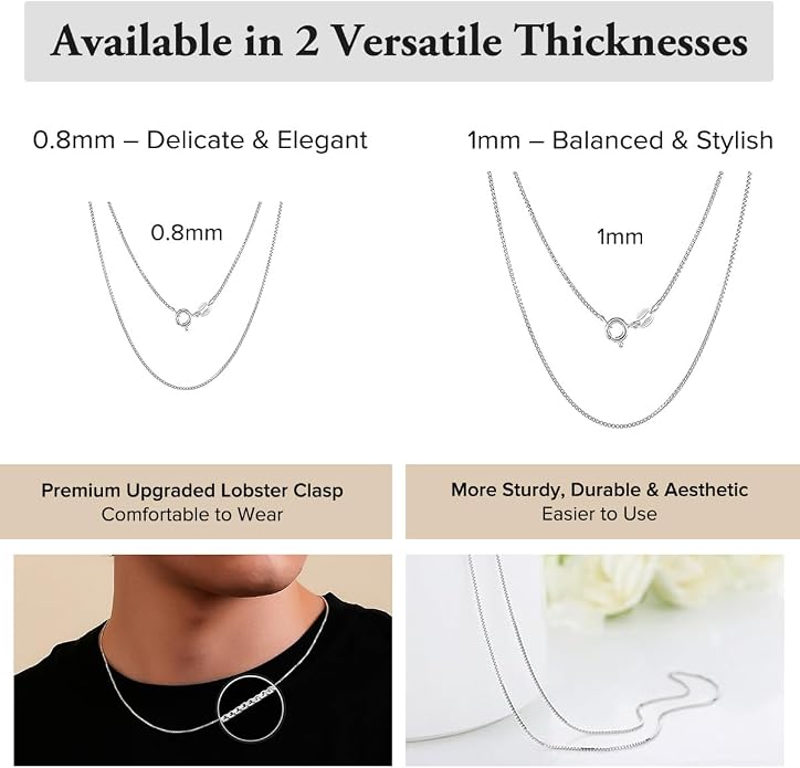 925 Sterling Silver Italian Box Chain Necklace - Secure Clasp, Perfect for Layering - Durable Necklace & Bracelet Chains for Everyday & Special Occasions