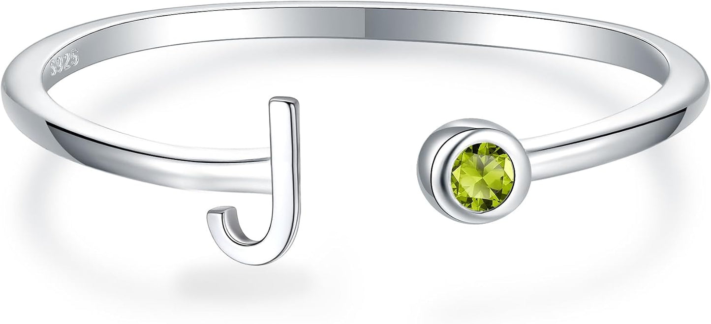 925 Sterling Silver Initial Letter Birthstone Rings for Women Adjustable 1-12 Month Birthstone Alphabet Stacking Ring for Teens Girls Stackable Birthstone Rings Birthday Jewelry Gift for Daughter Mom