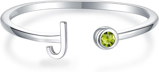 925 Sterling Silver Initial Letter Birthstone Rings for Women Adjustable 1-12 Month Birthstone Alphabet Stacking Ring for Teens Girls Stackable Birthstone Rings Birthday Jewelry Gift for Daughter Mom