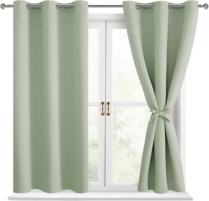 Hiasan Short Blackout Curtains for Bedroom - Thermal Insulated & Light Blocking Window Curtains for Living Room/Kids Room, 2 Drape Panels Sewn with Tiebacks, Seafoam Green, 42 x 45 Inch