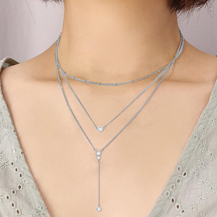 MONGAS Boho Layered Necklace Sterling Silver Triple 3 Stacked Vertical Bar Triangle Long Layering Necklaces Christmas Jewelry Gifts for Women