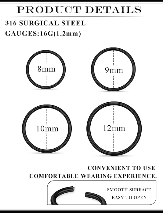 20G 18G 16G 14G 12G 10G 8G 6G Nose Rings Hoops 316l Surgical Steel Clicker Septum Lip Ring Tragus Helix Daith Rook Conch Snug Cartilage Lobe Earrings Hoop Piercing Jewelry For Women Men
