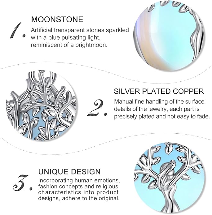 Vito Tree of Life Necklace for Women Men, Silver Plated Copper Teardrop Moonstone/Obsidian/Turquoise/Amethyst/Malachite Crystal Tree Necklace Protection Energy Amulet Jewelry Gift for Mom Wife, 20+2"