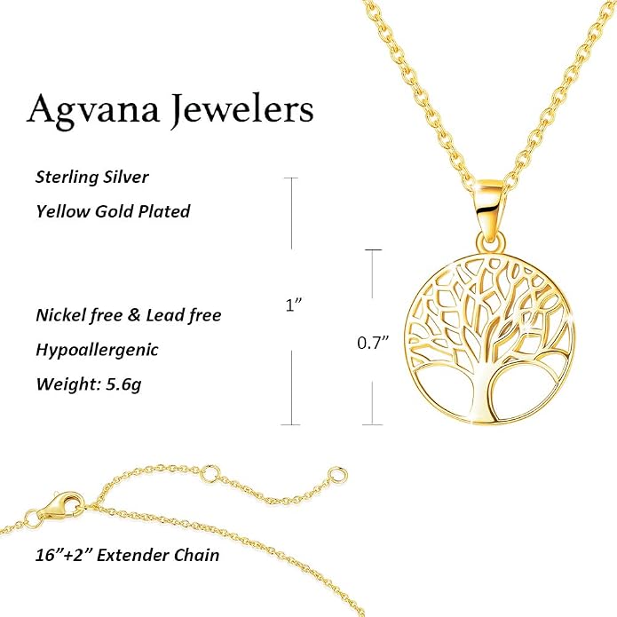 AGVANA Gold Plated Sterling Silver Tree of Life Pendant Necklace Earrings for Women Dainty Family Tree Jewelry for Her Anniversary Birthday Gifts for Mom Wife Lover Grandma Her, 16+2 Inches