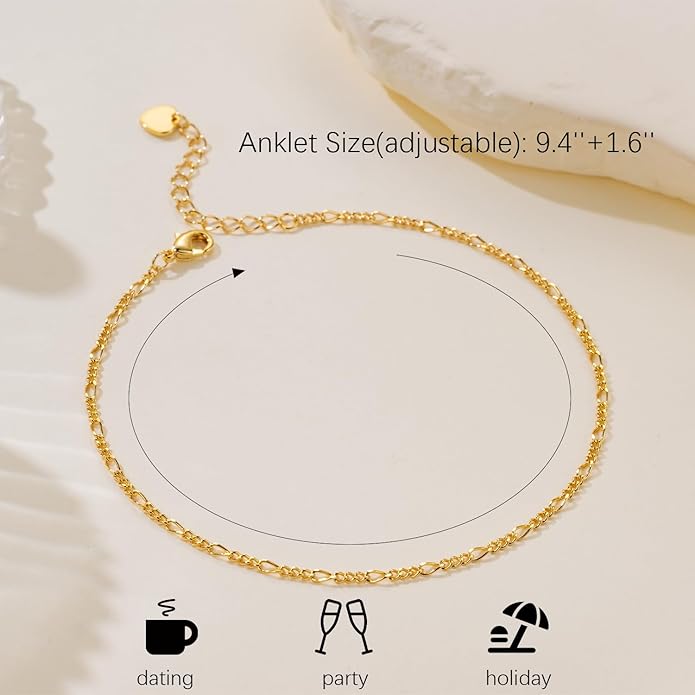 MELELIFE 14K Gold Anklets for Women Gold Ankle Bracelets for Women Figaro Anklet Simple Flowing Chain Design Dainty Anklets for Womens Ankle Bracelet Adjustable Size