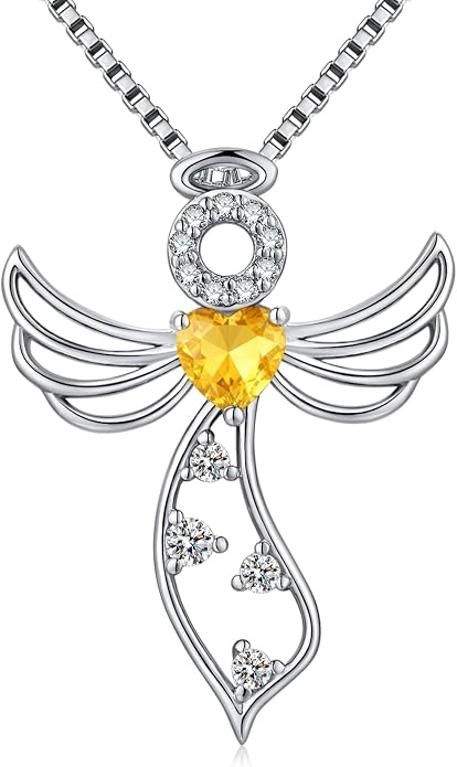 925 Sterling Silver Guardian Angel Pendant Necklace for Women - Birthstone Cubic Zirconia, 18" Chain, Gift for Her