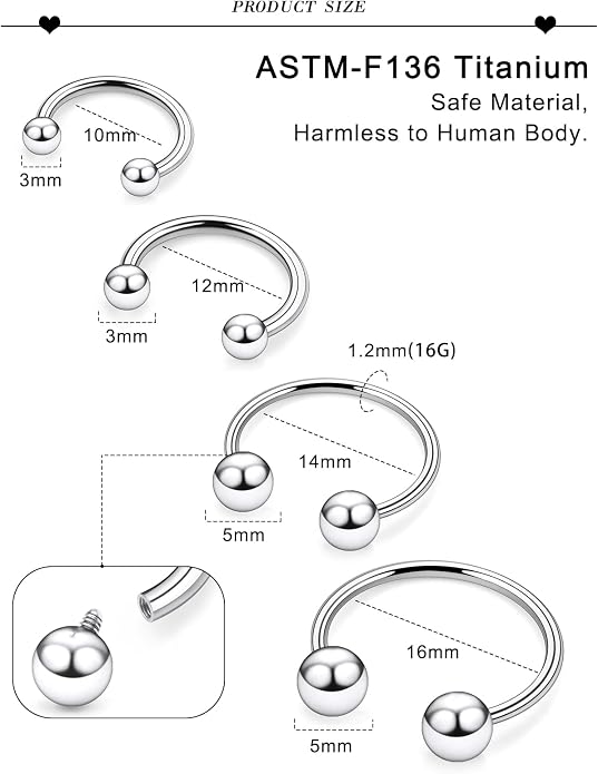 20G 18G 16G 14G 12G 8G 6G 4G 2G ASTM F136 Titanium Internal Thread Horseshoe Septum Ring Jewelry Circular Barbell Helix Snug Tragus Rook Daith Cartilage Earring Lip Ring Piercing Jewelry